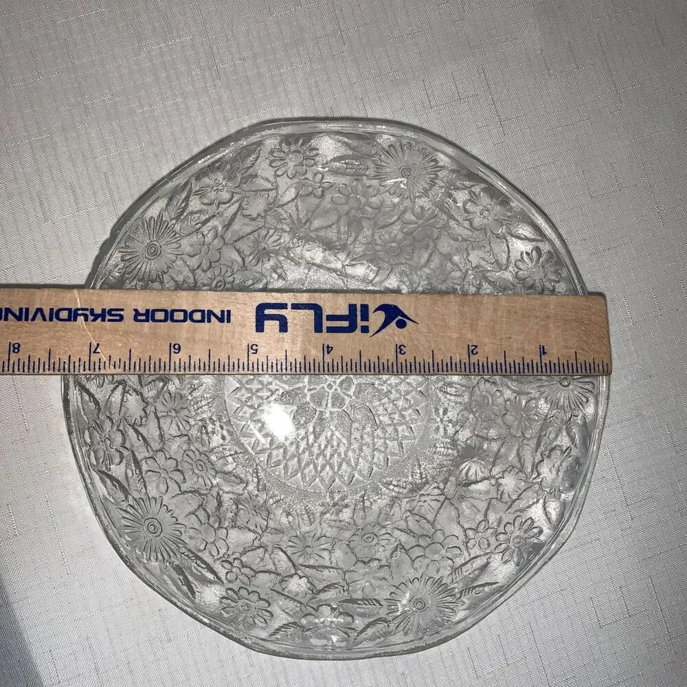 Vintage Clear Pressed Glass Bowl Floral Design Cut decorative Floral Serving